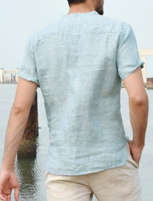 Camisa clásica de lino de manga corta con bolsillo en color liso para hombre