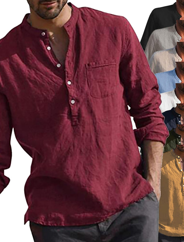 Men's Linen Solid Color V Neck Shirt