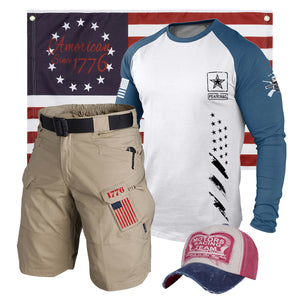 Taktische Cargo-Shorts mit USA-Flagge, mehrere Taschen, 27,9 cm Innennaht, ohne Schnallengürtel