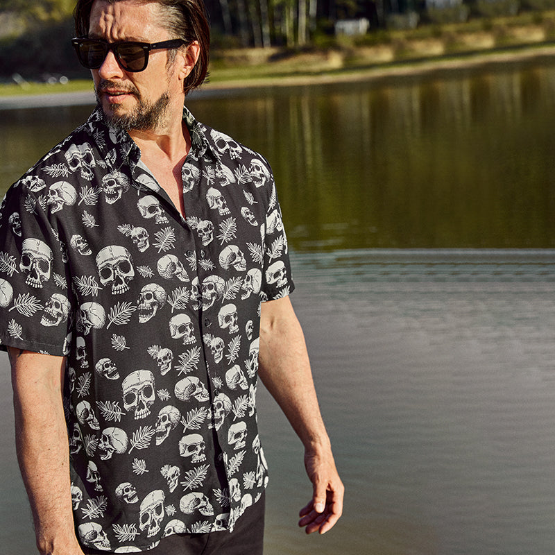 SKULL BUTTON DOWN PRINTED ALOHA SHIRT