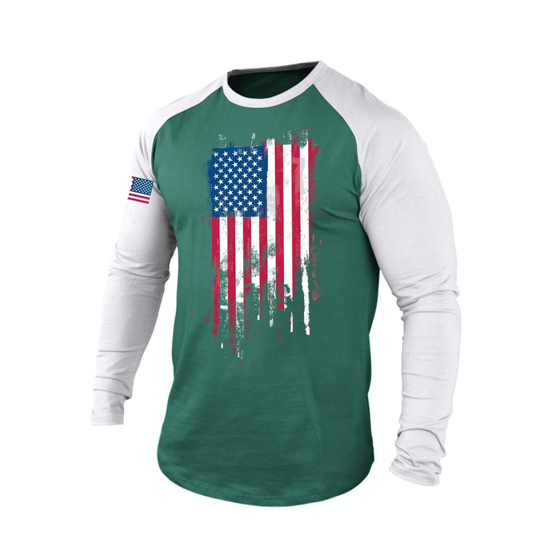 DISTRESSED USA FLAG RAGLAN GRAPHIC LONG SLEEVE T-SHIRT