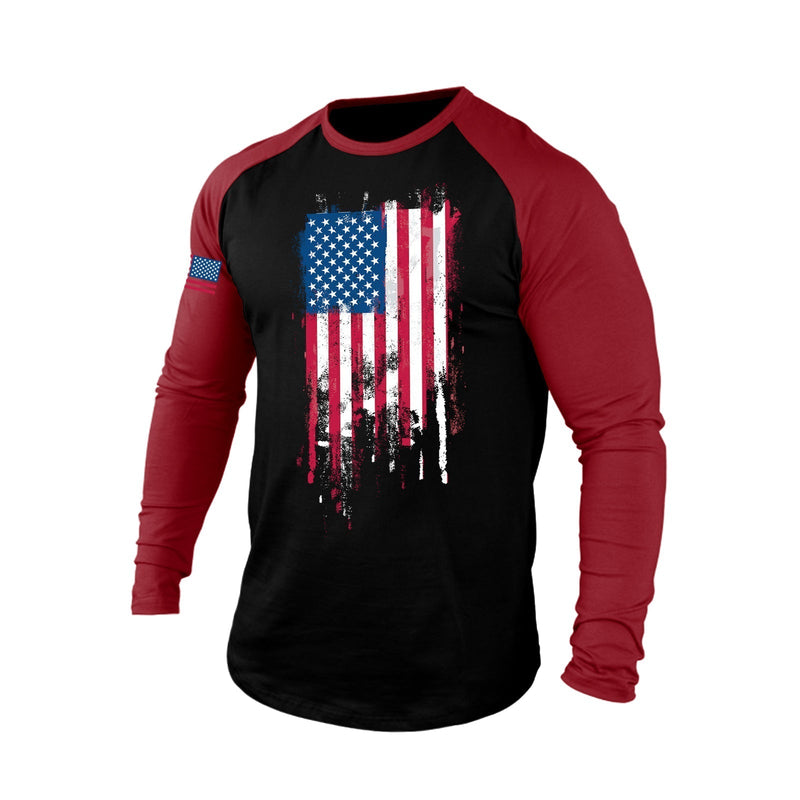 DISTRESSED USA FLAG RAGLAN GRAPHIC LONG SLEEVE T-SHIRT