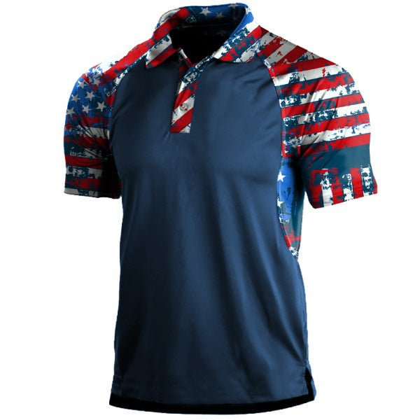 USA FLAG STRIPE PRINT RAGLAN GRAPHIC POLO SHIRT