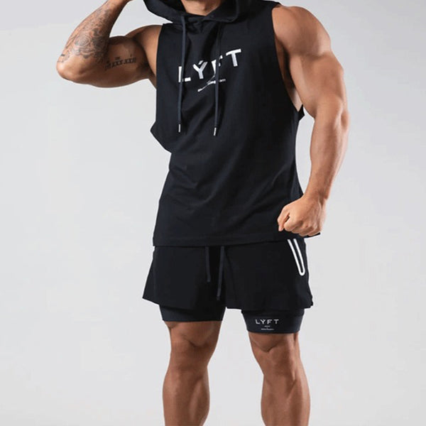 COTTON SLEEVELESS MEN’S WORKOUT FITNESS HOODED TANK TOP