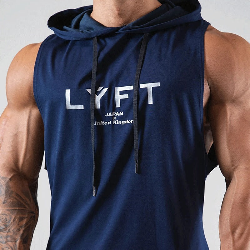 COTTON SLEEVELESS MEN’S WORKOUT FITNESS HOODED TANK TOP